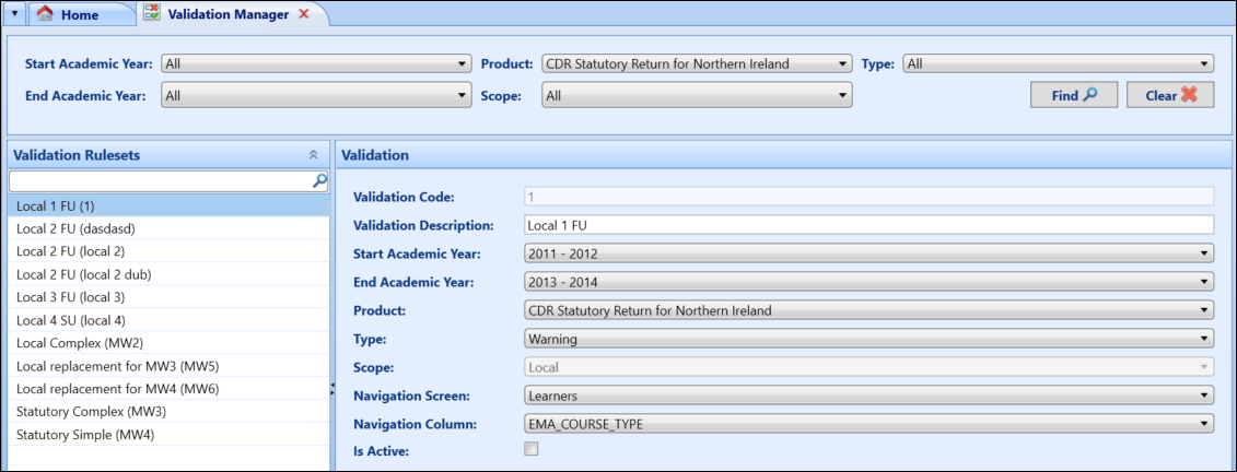 Validation Manager screen